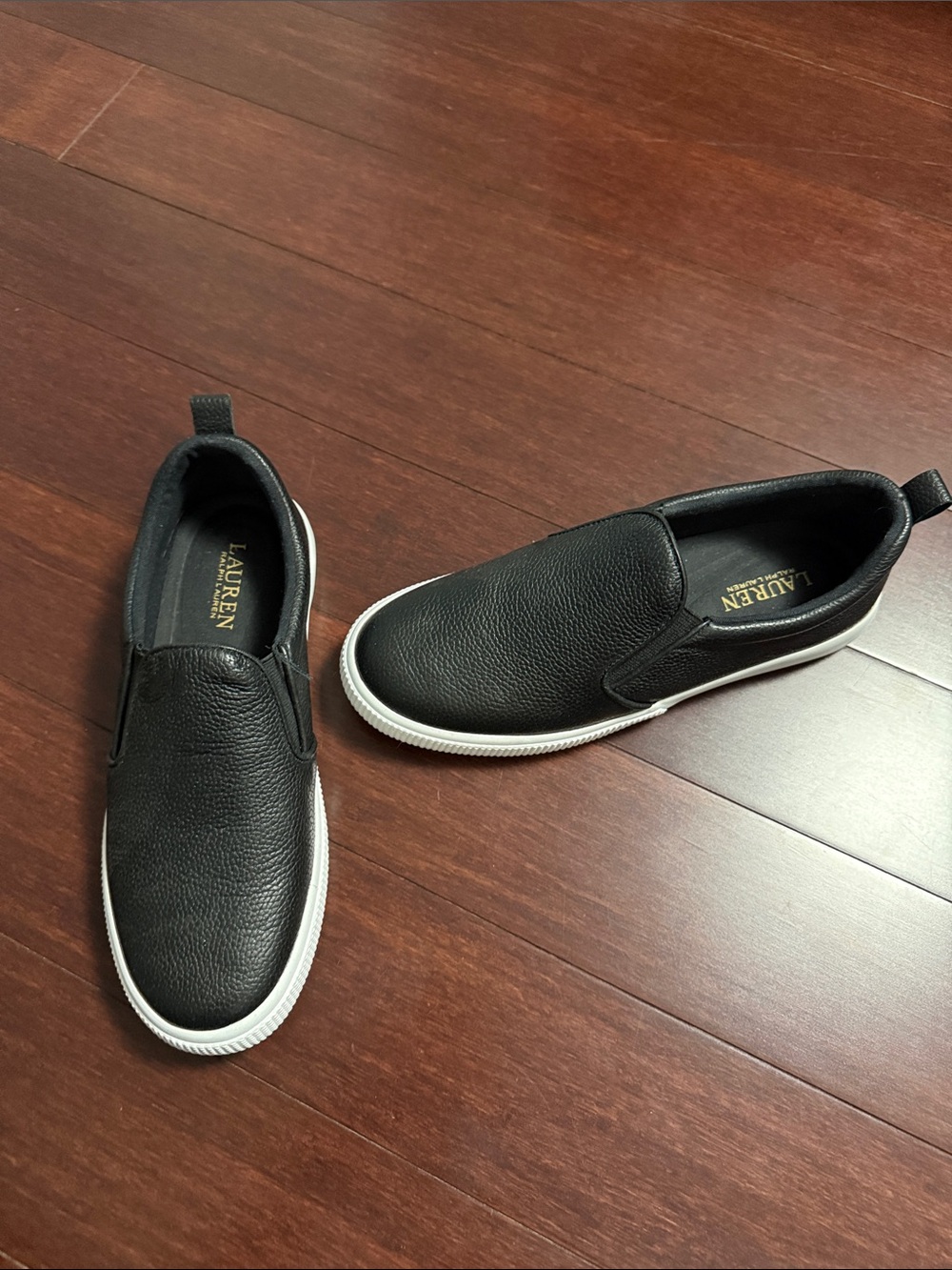 Ralph Lauren Black Slip-On Leather Loafers with White Outsole